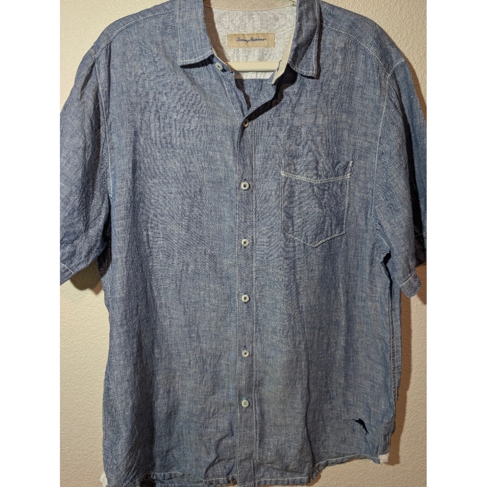Tommy Bahama Button Down Shirt Mens M Blue 100% Linen Short Sleeve Marlin Logo